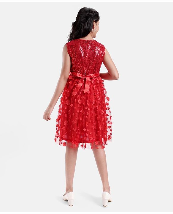 Pine Kids Sleeveless Sequined Floral Knee Length Party Wear Dress- Red