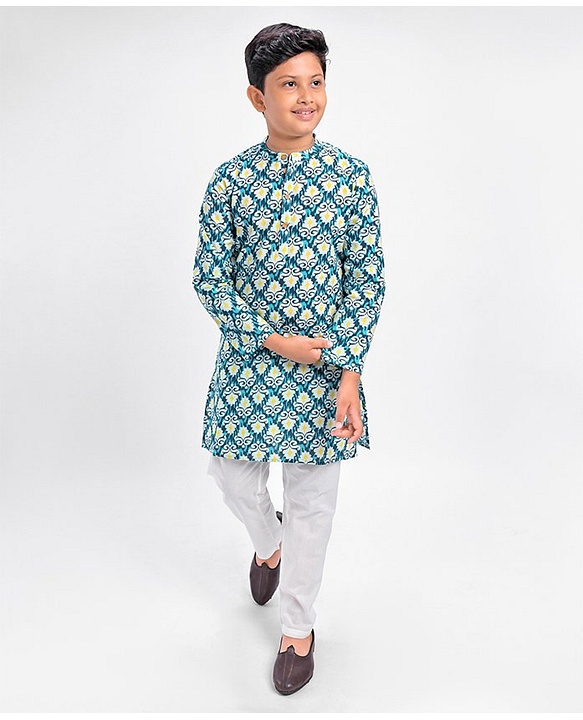 Pine Kids 100% Cotton Full Sleeves Kurta Pyjama Set Printed - Blue