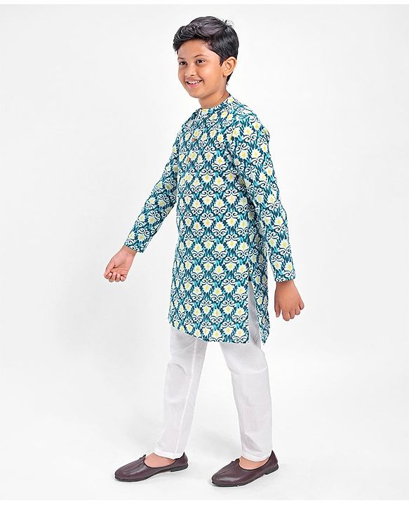 Pine Kids 100% Cotton Full Sleeves Kurta Pyjama Set Printed - Blue