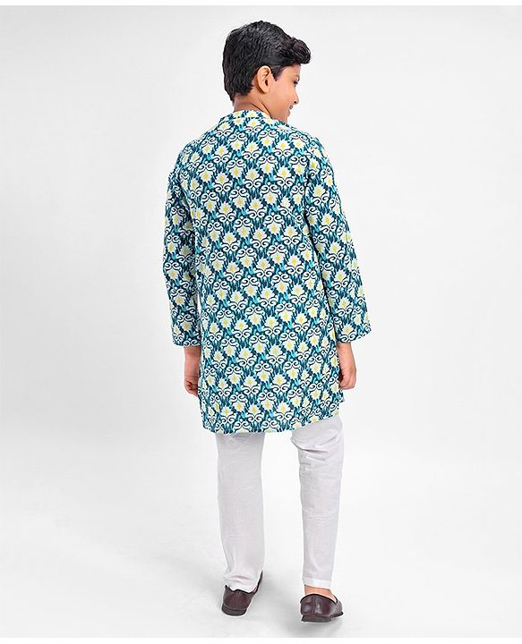 Pine Kids 100% Cotton Full Sleeves Kurta Pyjama Set Printed - Blue