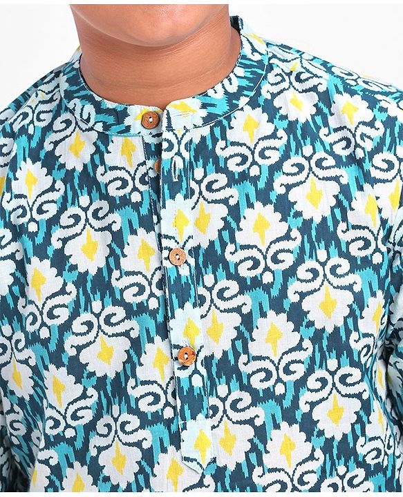 Pine Kids 100% Cotton Full Sleeves Kurta Pyjama Set Printed - Blue