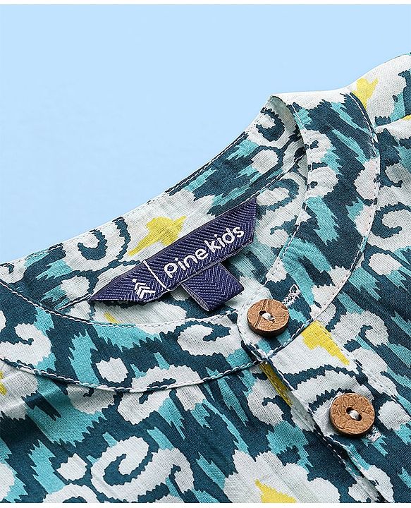 Pine Kids 100% Cotton Full Sleeves Kurta Pyjama Set Printed - Blue