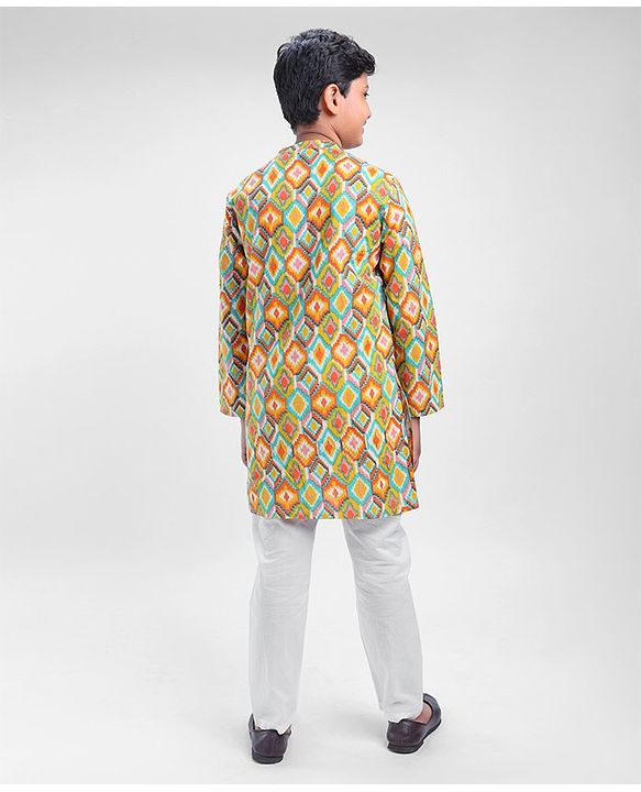 Pine Kids Full Sleeves Cotton All Over Printed Kurta Pyjama Set- Orange & White