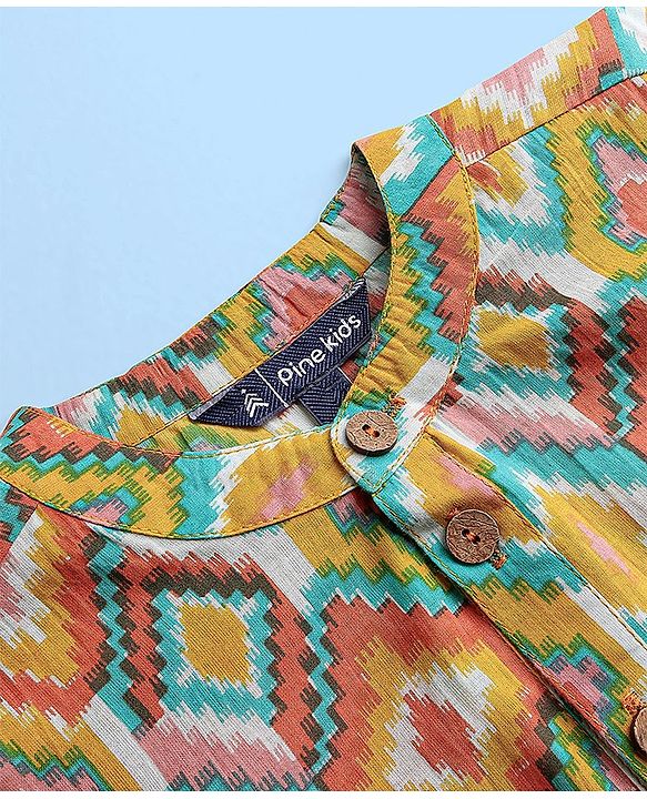 Pine Kids Full Sleeves Cotton All Over Printed Kurta Pyjama Set- Orange & White