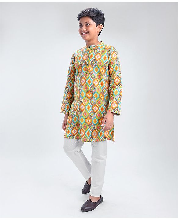 Pine Kids Full Sleeves Cotton All Over Printed Kurta Pyjama Set- Orange & White
