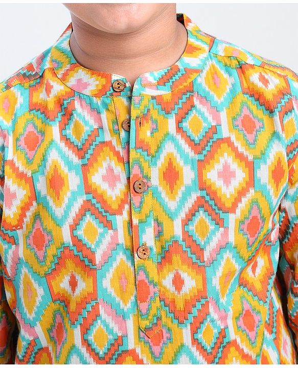 Pine Kids Full Sleeves Cotton All Over Printed Kurta Pyjama Set- Orange & White