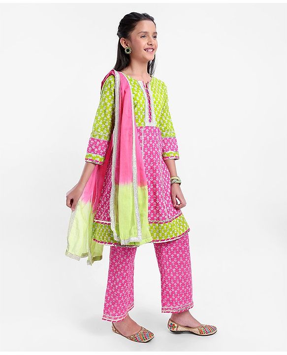 Pine Kids 100% Cotton Three Fourth Sleeves Kurti & Salwar Set Floral Print - Pink