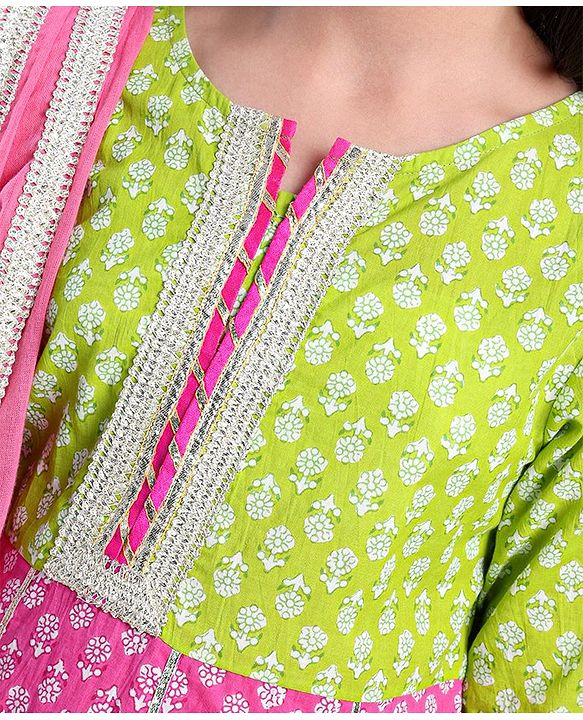 Pine Kids 100% Cotton Three Fourth Sleeves Kurti & Salwar Set Floral Print - Pink