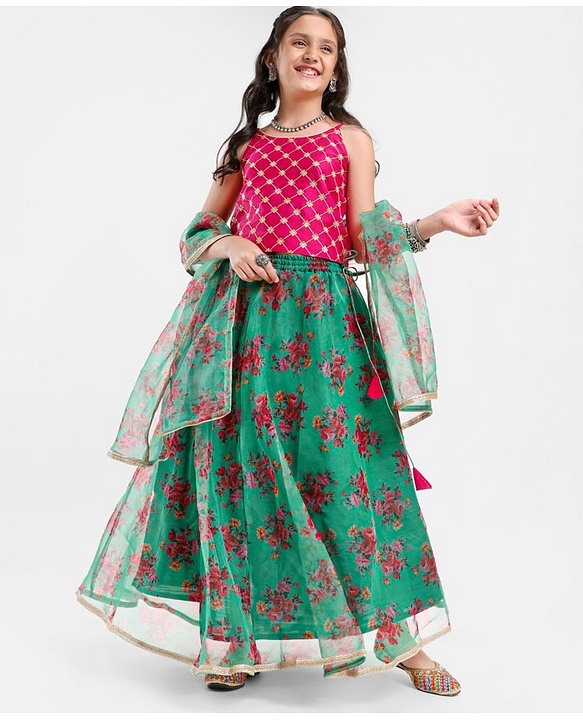 Pine Kids Sleeveless Choli & Lehenga With Dupatta Floral Print & Embroidery- Green & Pink