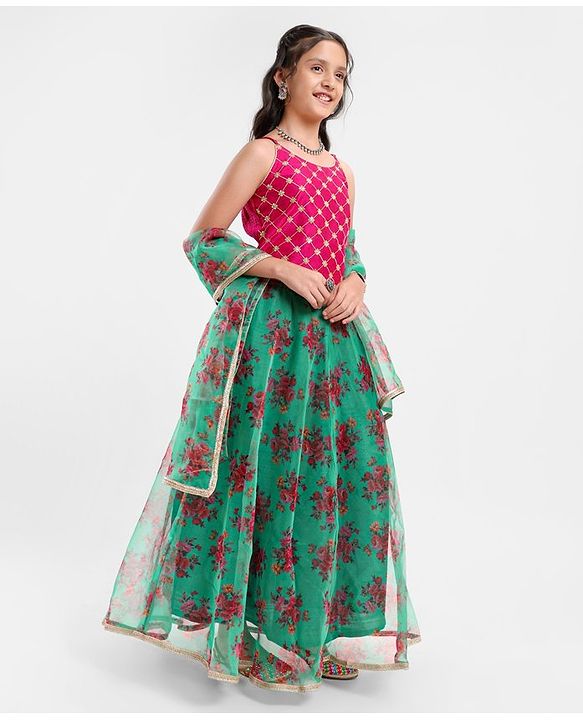 Pine Kids Sleeveless Choli & Lehenga With Dupatta Floral Print & Embroidery- Green & Pink