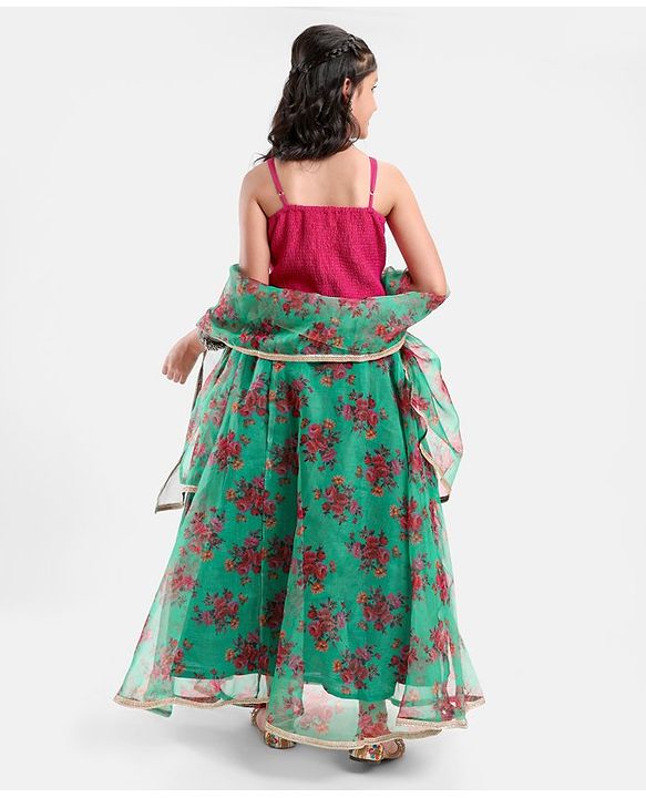 Pine Kids Sleeveless Choli & Lehenga With Dupatta Floral Print & Embroidery- Green & Pink