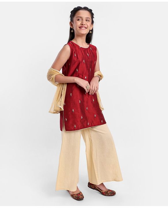 Pine Kids Sleeveless Embroidered  Kurti & Churidar Salwar Set- Maroon