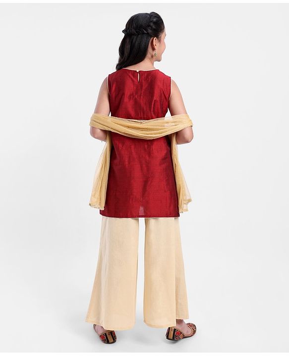 Pine Kids Sleeveless Embroidered  Kurti & Churidar Salwar Set- Maroon