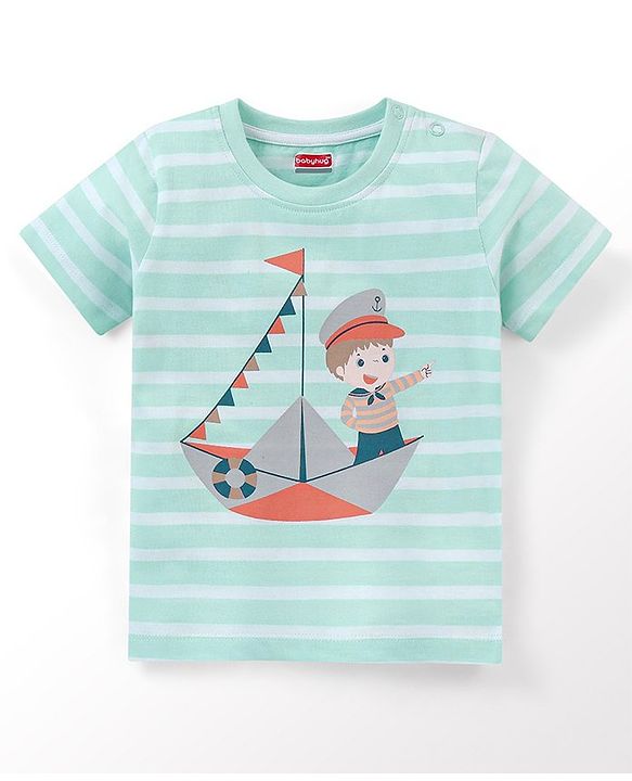 Babyhug Cotton Half Sleeves Striped T-Shirt with Boat Print - Blue