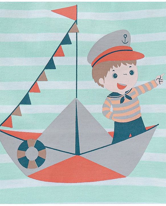 Babyhug Cotton Half Sleeves Striped T-Shirt with Boat Print - Blue