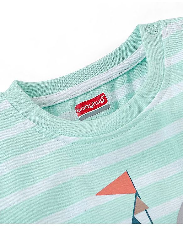 Babyhug Cotton Half Sleeves Striped T-Shirt with Boat Print - Blue
