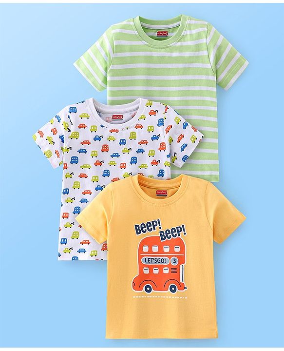 Babyhug Cotton Half Sleeves T-Shirt Car Print Pack of 3 - Yellow & Green