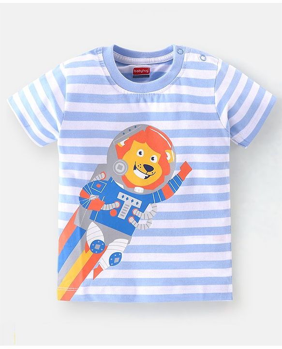 Babyhug Cotton Half Sleeves T-Shirt Lion & Stripes Print - White & Blue