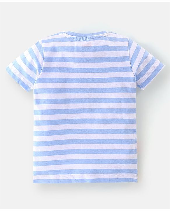 Babyhug Cotton Half Sleeves T-Shirt Lion & Stripes Print - White & Blue