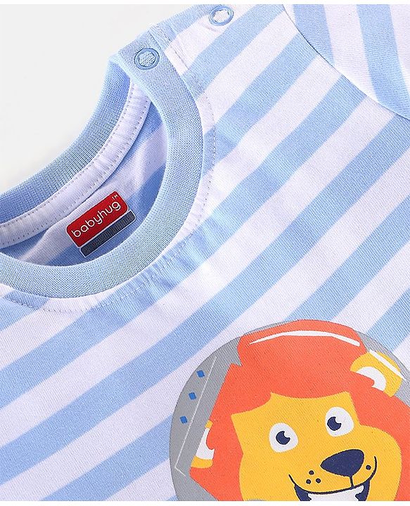 Babyhug Cotton Half Sleeves T-Shirt Lion & Stripes Print - White & Blue