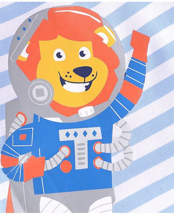 Babyhug Cotton Half Sleeves T-Shirt Lion & Stripes Print - White & Blue