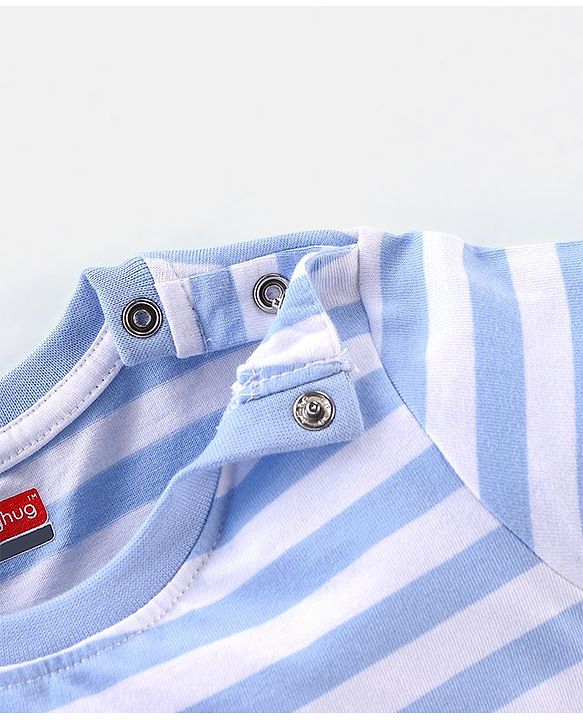 Babyhug Cotton Half Sleeves T-Shirt Lion & Stripes Print - White & Blue