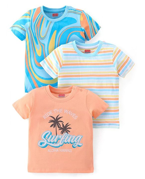 Babyhug Cotton Half Sleeves T-Shirt With Stripes & Marble Print Pack Of 3 - Blue & Peach