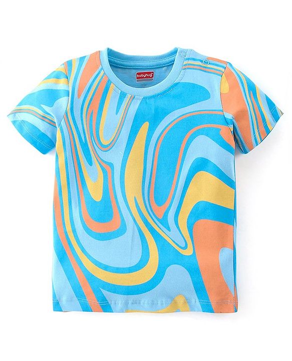 Babyhug Cotton Half Sleeves T-Shirt With Stripes & Marble Print Pack Of 3 - Blue & Peach