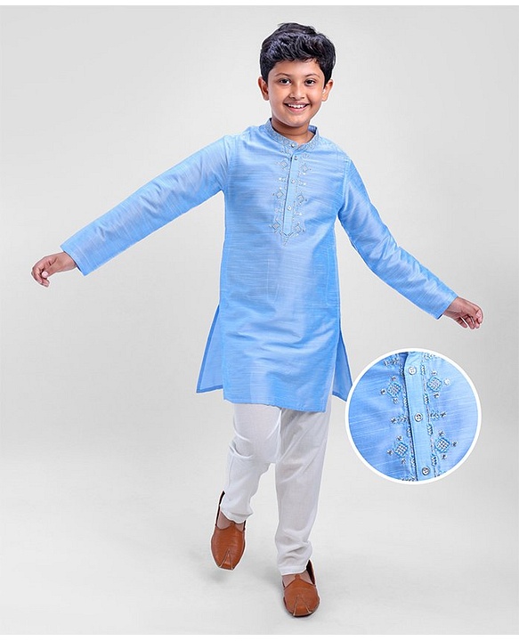 Pine Kids Viscose Full Sleeves Embroidered Kurta Pyjama Set- Turquoise