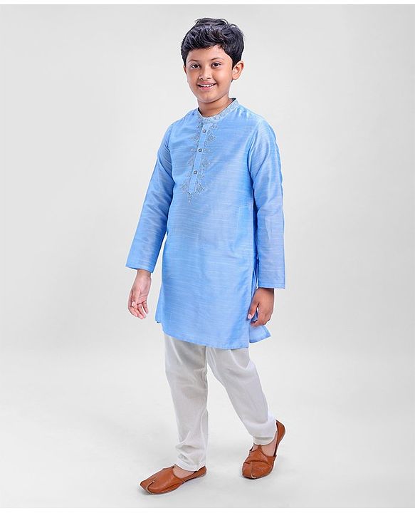 Pine Kids Viscose Full Sleeves Embroidered Kurta Pyjama Set- Turquoise