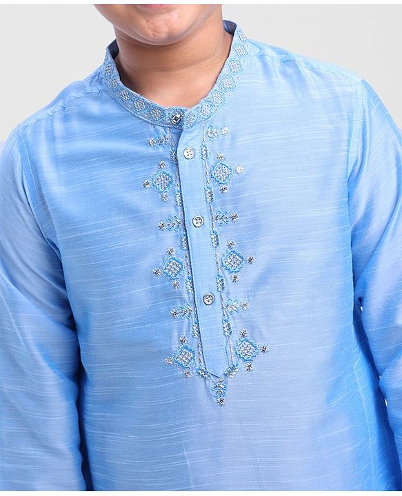Pine Kids Viscose Full Sleeves Embroidered Kurta Pyjama Set- Turquoise