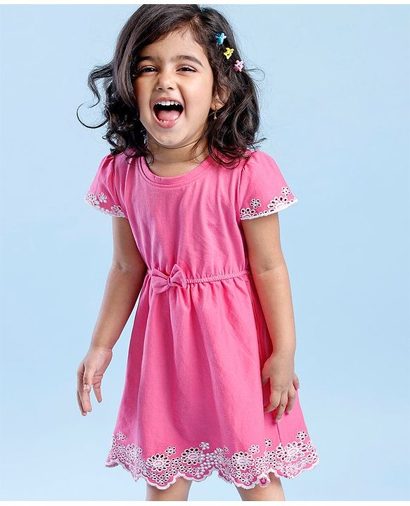 Babyhug 100% Cotton Half Sleeves Fit & Flare Frock with Floral Embroidery - Pink