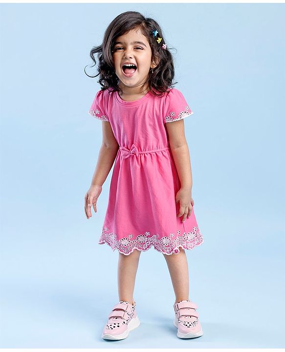 Babyhug 100% Cotton Half Sleeves Fit & Flare Frock with Floral Embroidery - Pink