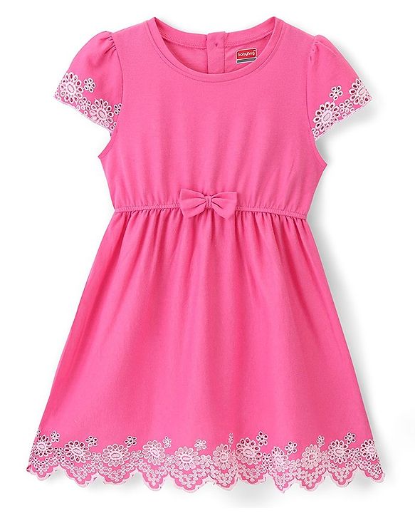 Babyhug 100% Cotton Half Sleeves Fit & Flare Frock with Floral Embroidery - Pink