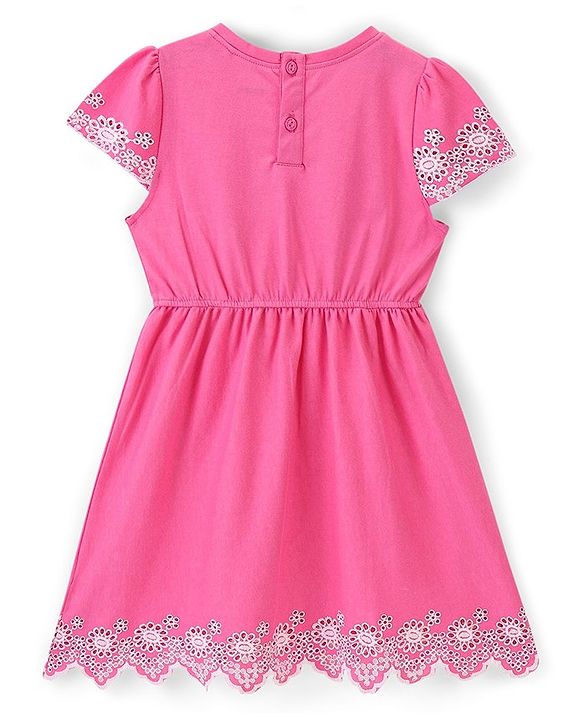 Babyhug 100% Cotton Half Sleeves Fit & Flare Frock with Floral Embroidery - Pink