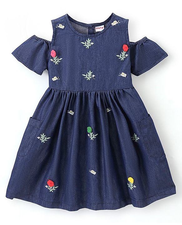Babyhug Denim Half Sleeves Frock with Floral Embroidery and Pom Pom Detailing - Blue