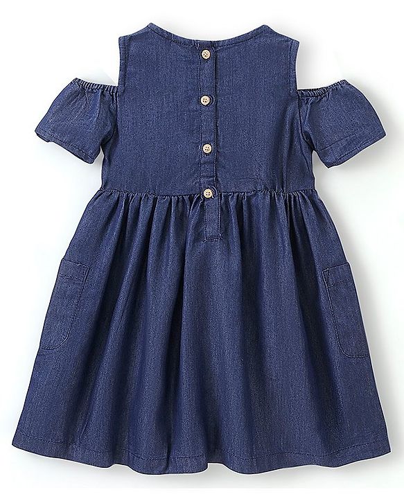 Babyhug Denim Half Sleeves Frock with Floral Embroidery and Pom Pom Detailing - Blue