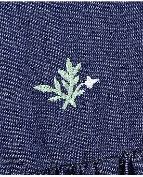 Babyhug Denim Half Sleeves Frock with Floral Embroidery and Pom Pom Detailing - Blue