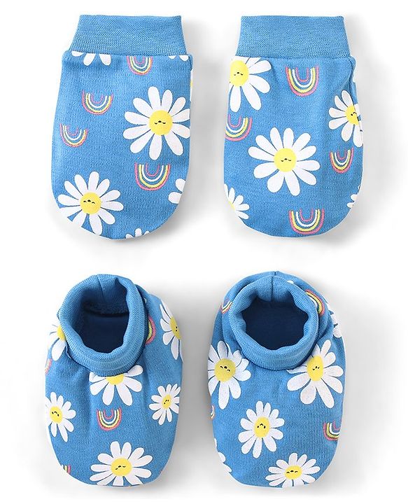 Babyhug 100% Cotton Mittens & Booties Floral Print - Blue