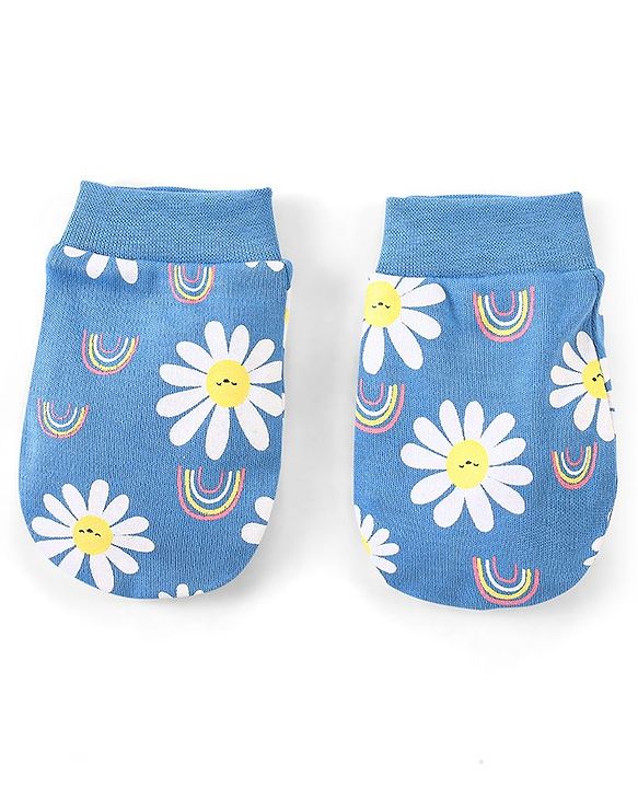 Babyhug 100% Cotton Mittens & Booties Floral Print - Blue