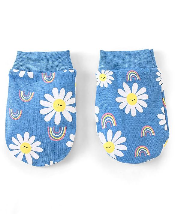 Babyhug 100% Cotton Mittens & Booties Floral Print - Blue