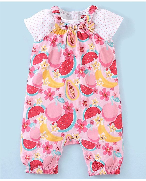 Babyhug 100% Cotton Knit Dungaree with Cap Sleeves Tee Set Floral & Fruity Print - Pink & White
