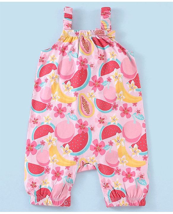 Babyhug 100% Cotton Knit Dungaree with Cap Sleeves Tee Set Floral & Fruity Print - Pink & White