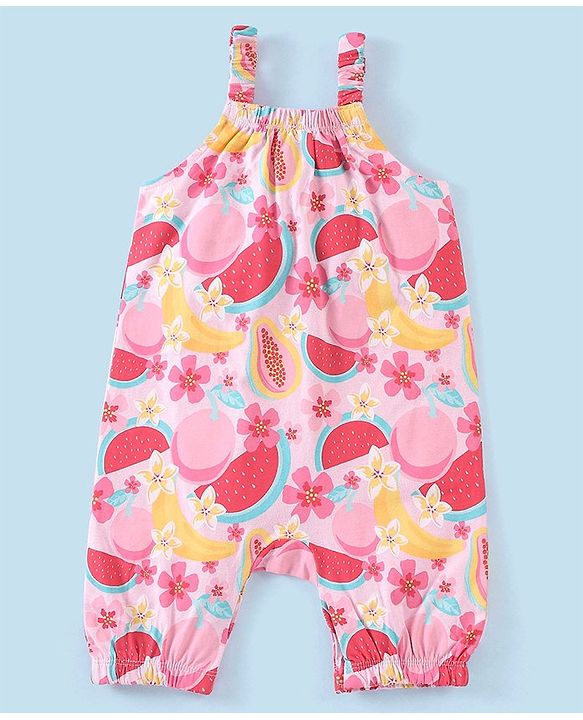 Babyhug 100% Cotton Knit Dungaree with Cap Sleeves Tee Set Floral & Fruity Print - Pink & White
