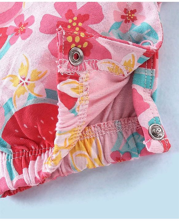 Babyhug 100% Cotton Knit Dungaree with Cap Sleeves Tee Set Floral & Fruity Print - Pink & White