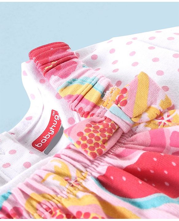 Babyhug 100% Cotton Knit Dungaree with Cap Sleeves Tee Set Floral & Fruity Print - Pink & White