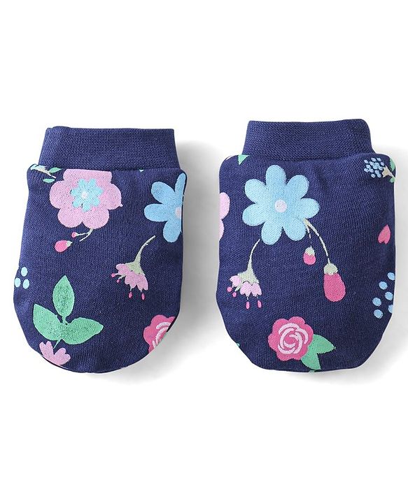 Babyhug 100% Cotton Knit Mittens & Booties Floral Print - Navy Blue
