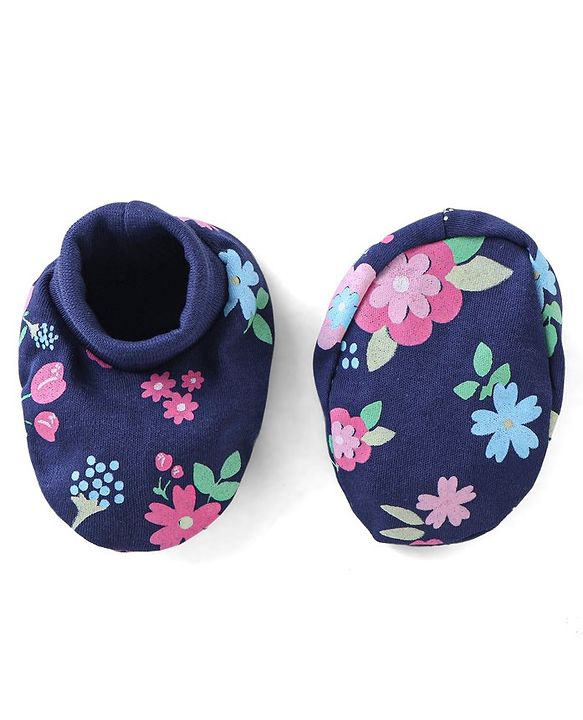 Babyhug 100% Cotton Knit Mittens & Booties Floral Print - Navy Blue