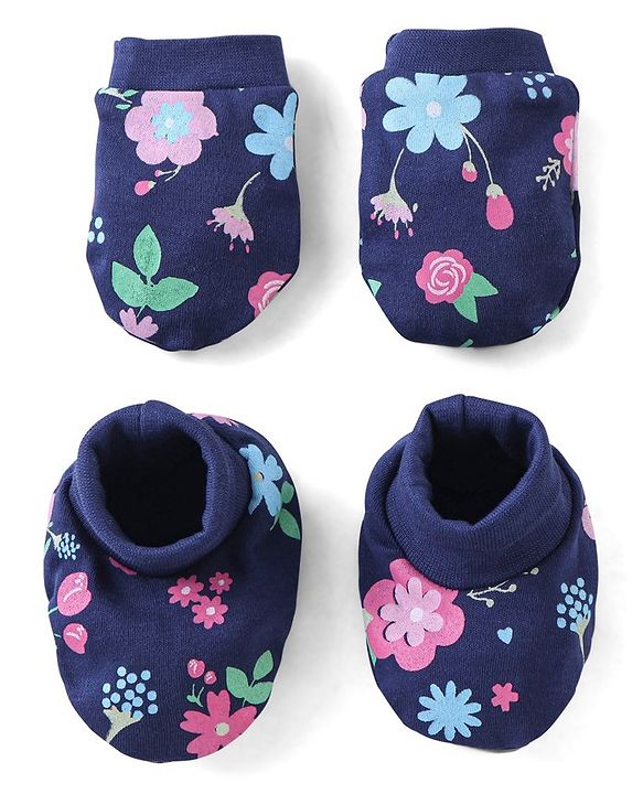 Babyhug 100% Cotton Knit Mittens & Booties Floral Print - Navy Blue