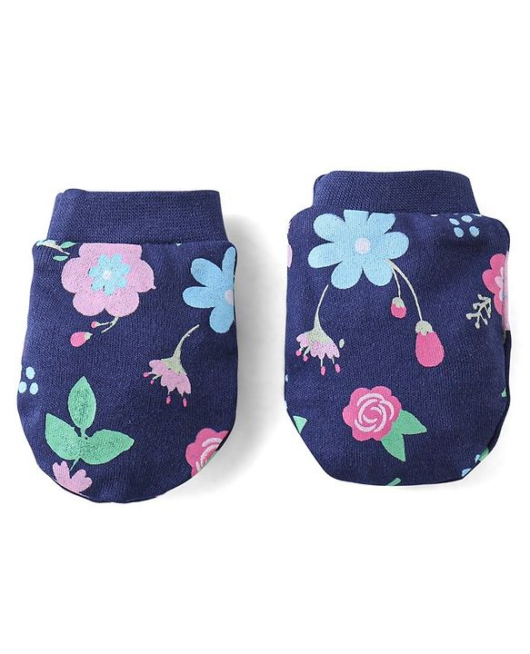 Babyhug 100% Cotton Knit Mittens & Booties Floral Print - Navy Blue